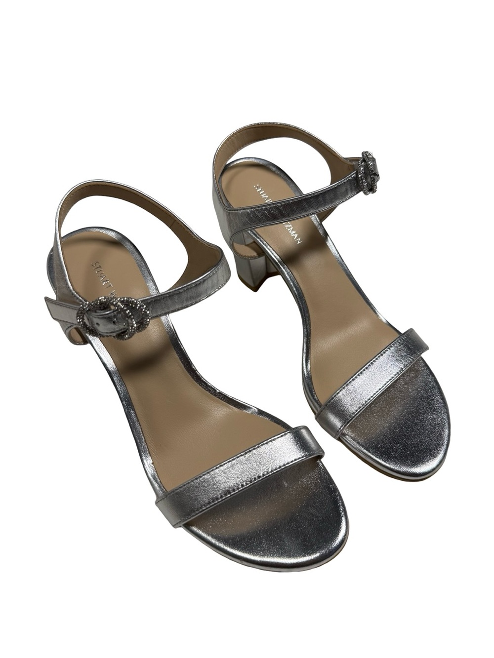 Stuart Weitzman Silver Metallic Leather Block Heel Sandals Sz 6B Crystal Party